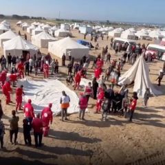 |English follows:
‏⛺️استقبل مخيم الهلال الأحمر الفلسطيني في منطقة المواصي ⁧‫#خان_يونس‬⁩ 190 عائلة نازحة من قطاع...