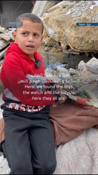 |Hazem Mahmoud, 8 years old, searches through the rubble of his destroyed home for his toys, hoping for an extension of the ceasefire and an end to the war.
حازم محمود، 8 سنوات،...