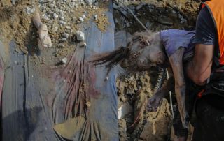 epaselect Palestinian civil defense workers recover the body of a young girls from the rubble of the Al Faseih family house following an airstrike in the Al Shatea refugee camp, #Gaza 📸 EPA /...