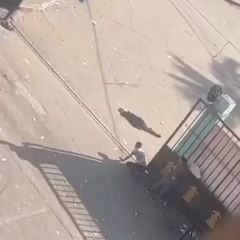 ‏بسبب وجود قناص اسرائيلي يستهدف كل ما يتحرك، شبان يحاولون إنقاذ طفل مصاب في محيط مجمع ناصر الطبي وسط مدينة...