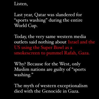 The myth of western exceptionalism died with the Genocide in Gaza.

#superbowl of vile hypocrisy.